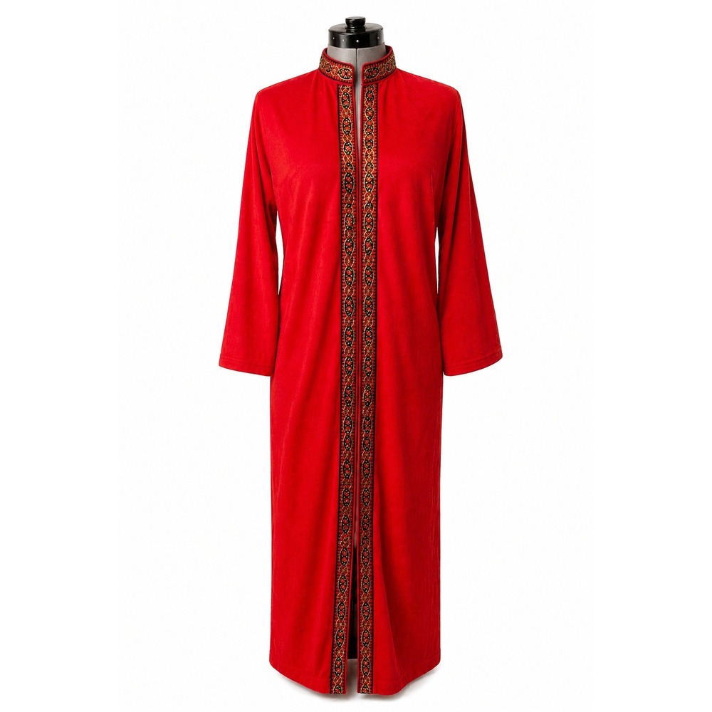 Danville Vintage Red 70s Robe Small Embroidered Trim Zip‎ Front Maxi Housecoat